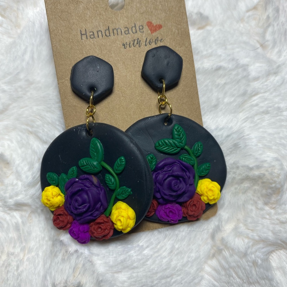 Handmade Floral Earrings with Purple and Yellow Accents